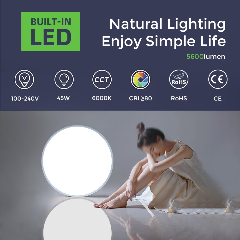 Lightingwill 24 Inch Led Flush Mount Ceiling Light Fixture, 6000K Cool White, 5600Lm, 45W, Flat Modern Round Lighting Fixture, 4