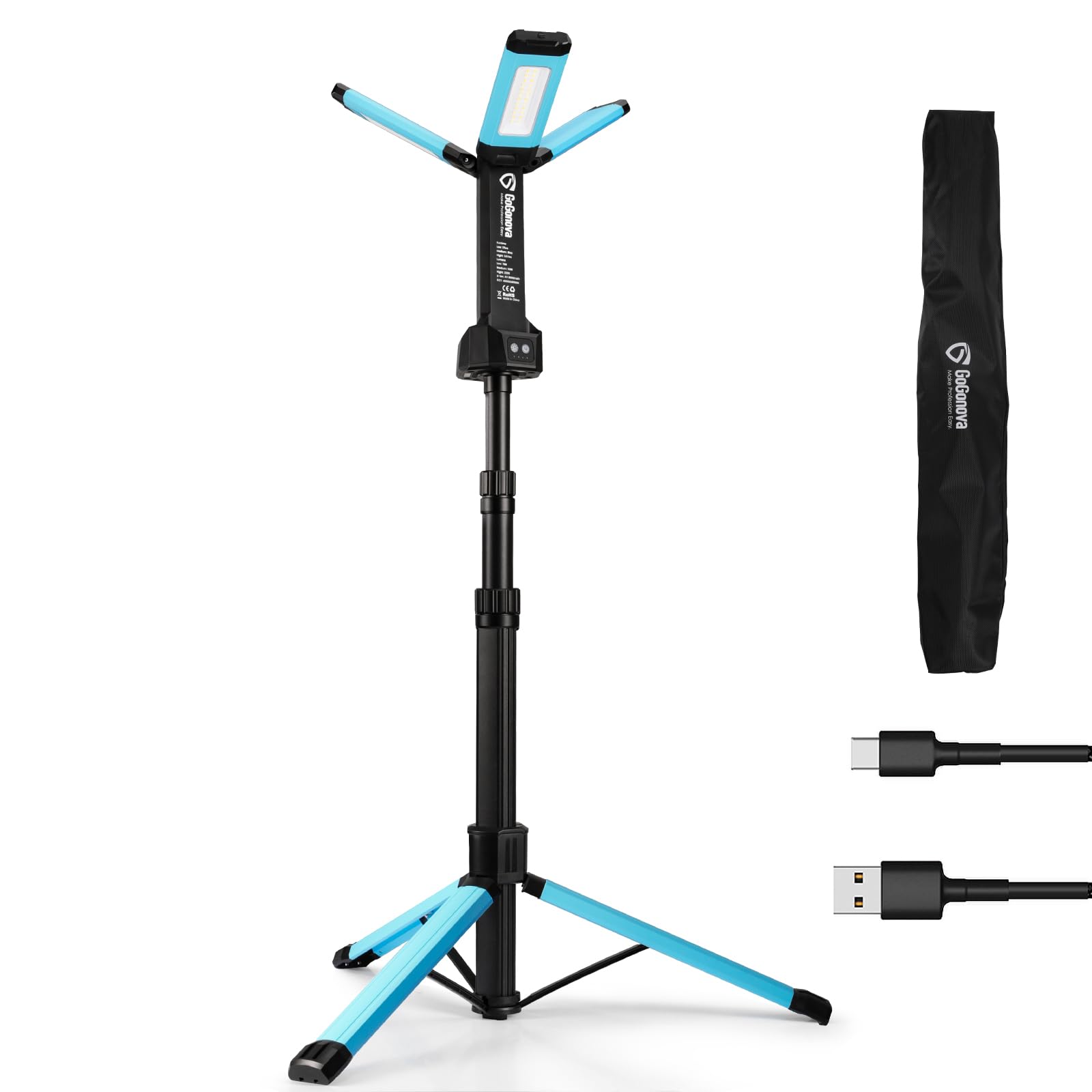 gogonova Rechargeable Work Light with Stand, 700/1200/2200 Lumen, 8AH Battery, 57 in, Blue, Model GL34001-01