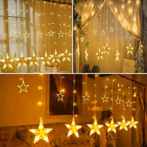 Tofu Star Curtain Lights, 108 Led 12 Stars Remote Window Curtain String Lights Plug In With 8 Flashing Modes Decoration For Chri