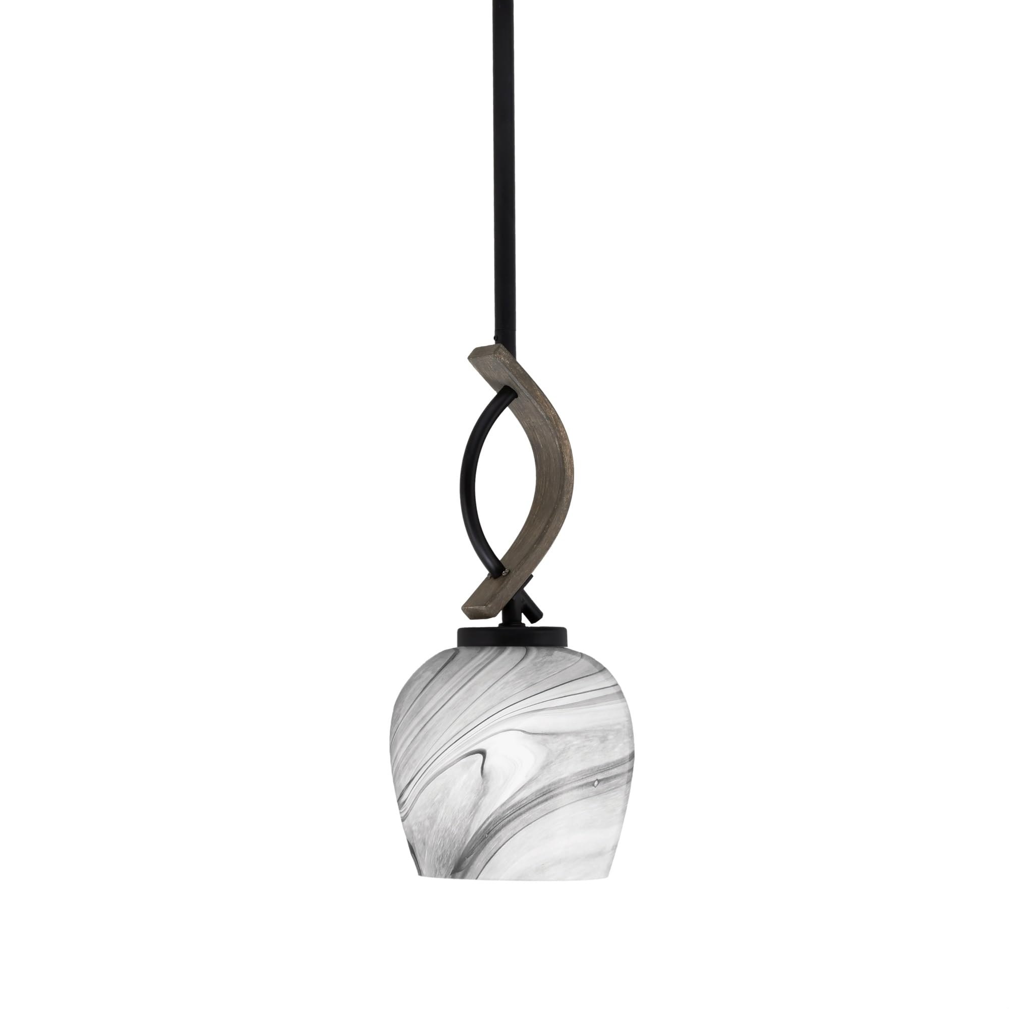 Toltec Lighting Monterey Stem Hung Mini Pendant - Matte Black & Distressed Wood Finish, 6in Onyx Swirl Glass
