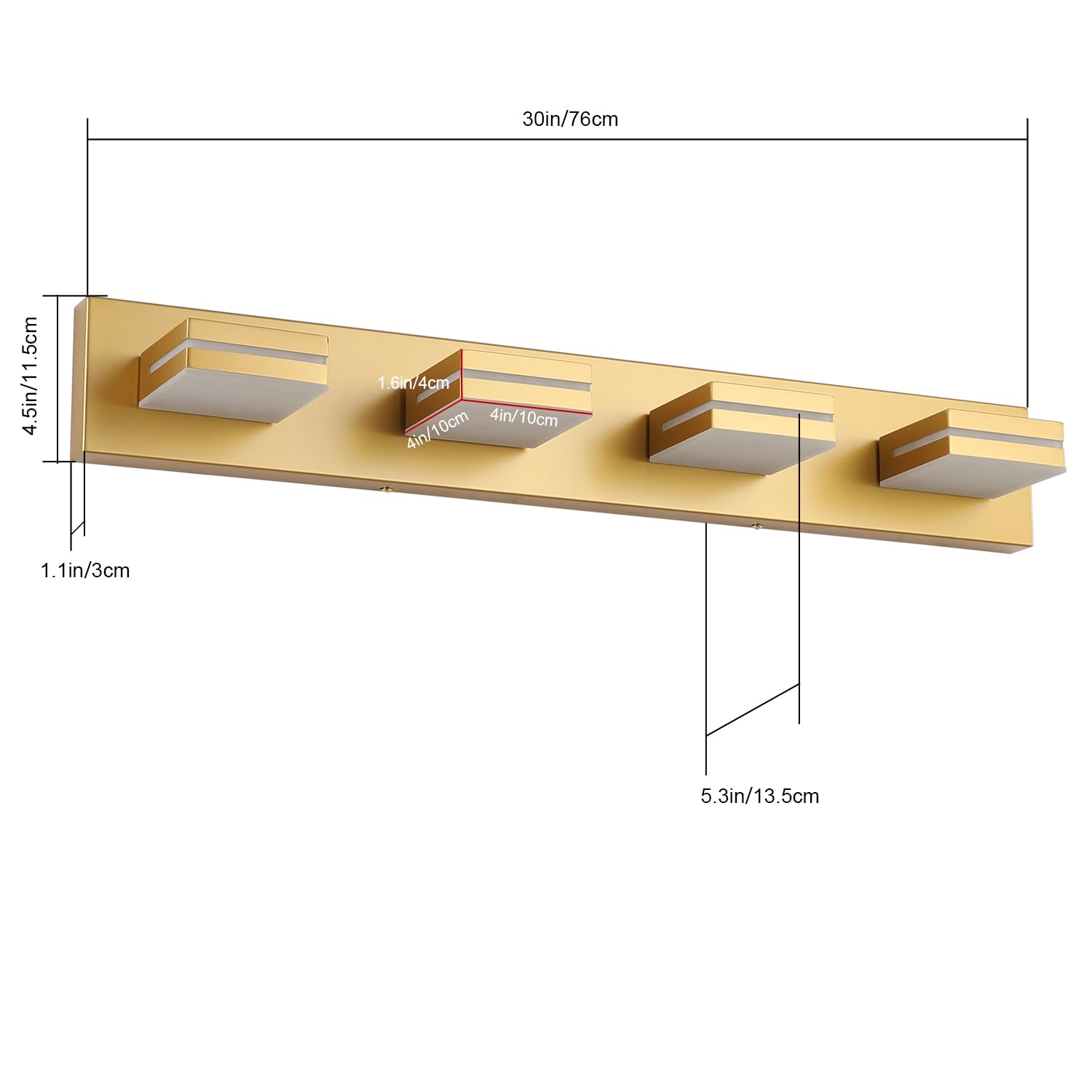 SineRise LED Bathroom Vanity Light Fixture, 4-Light, 30-Inch, Dimmable, Matte Gold, Acrylic, Model H0001-33, Cool White 6000K