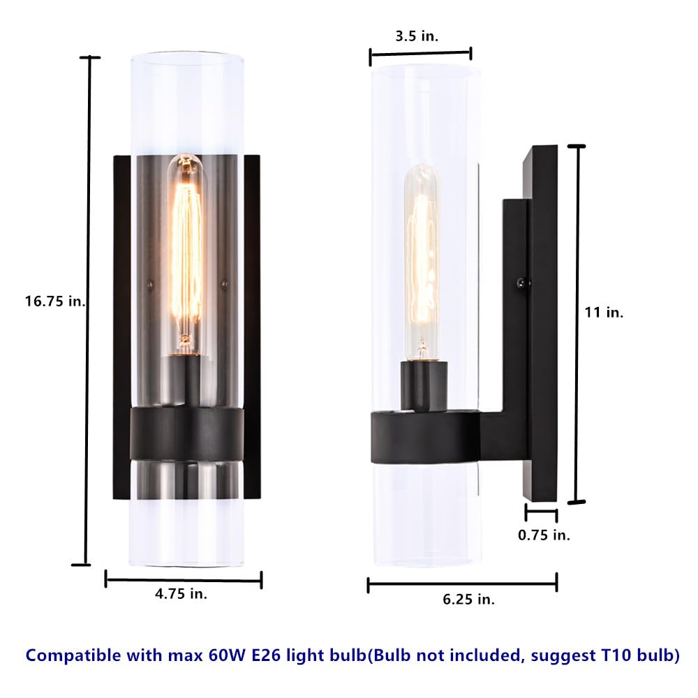 Hyperion House Modern Black Wall Sconces Set of 2, Cylinder Glass Metal Indoor Lighting Fixtures for Bathroom, Bedroom, Hallway, Kitchen
