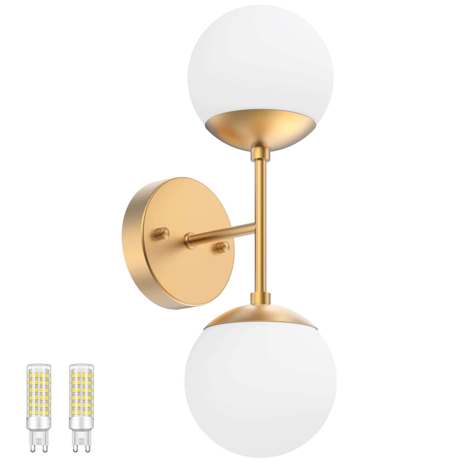 Tipace Gold Wall Sconce 2 Lights, Mid Century Modern Globe Wall Light, Golden Globe Wall Sconce For Restaurant Living Room Bedsi