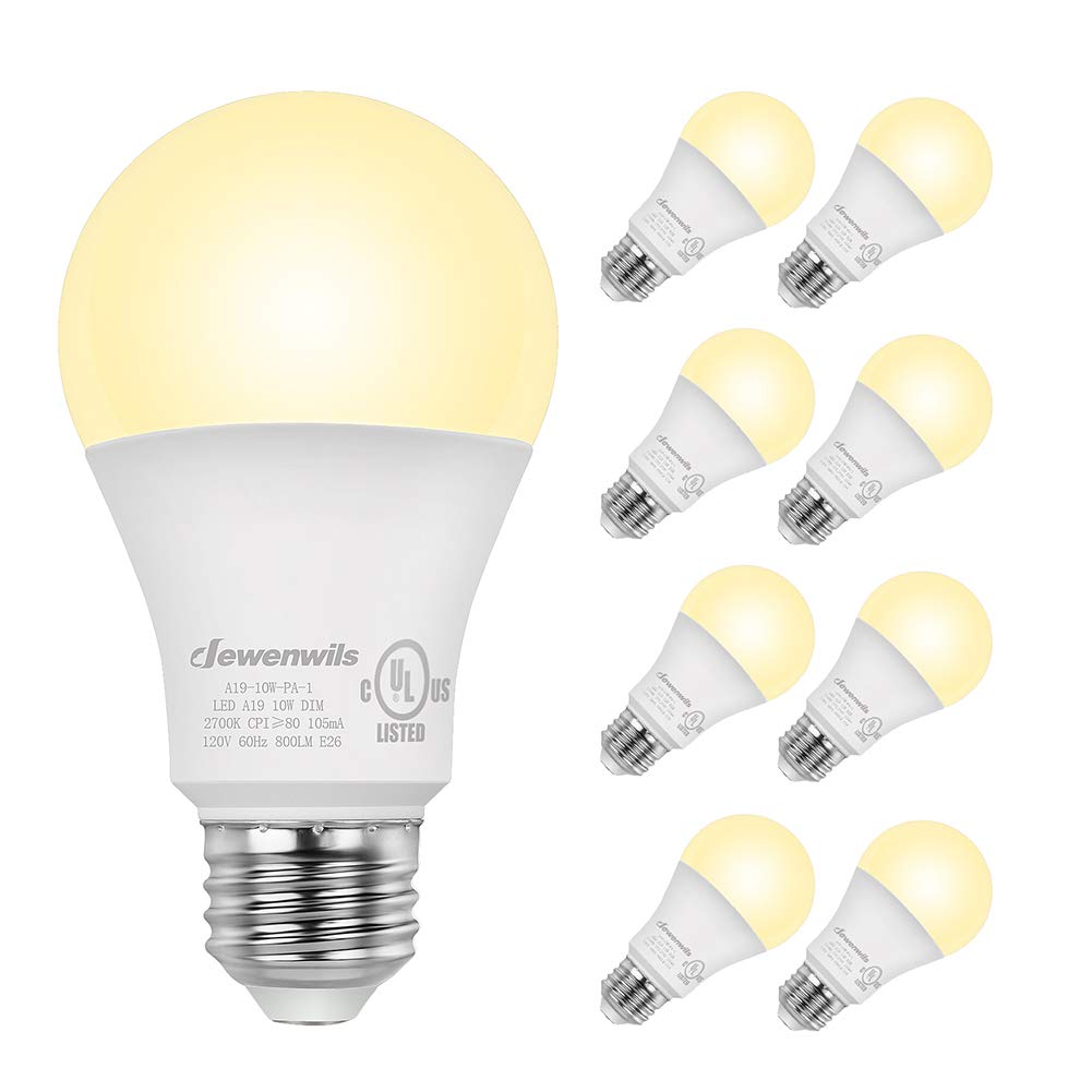 Dewenwils 8-Pack Dimmable Led A19 Light Bulb, Soft White Light With Warm Glow, 800 Lumen, 2700K, 10W (60 Watt Equivalent), E26 M
