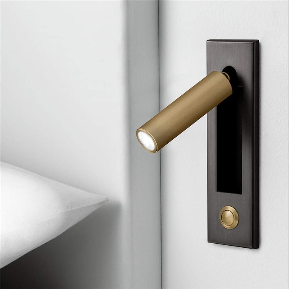 YFMYY LED Bedroom Wall Light Sconce - 360° Rotatable, Brass+Black, Metal, Model S-2306, Bedside Reading Lamp