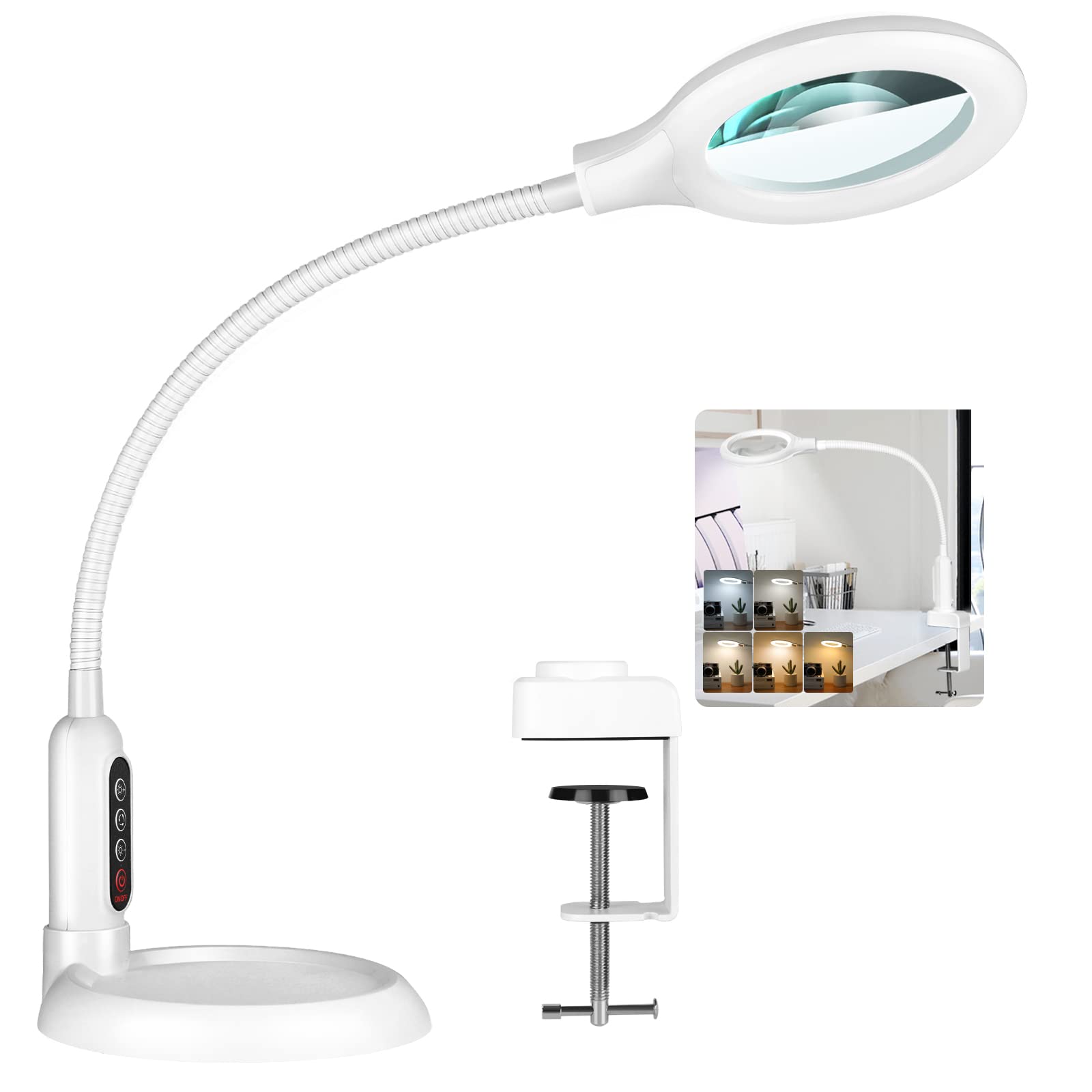 TOMSOO 10X Magnifying Glass with Light, 5 Color Modes, Dimmable, Flexible Gooseneck, Model MG-04, White