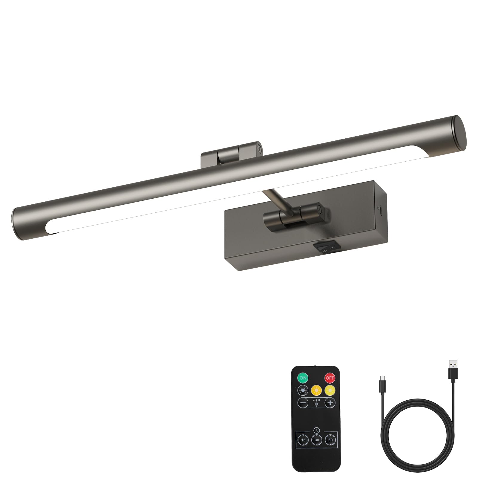 Joosenhouse Battery Operated Picture Light with Remote Control, Dimmable, Adjustable Swing Arm, 16.53in, Brushed Grey, Model 7110-420-B