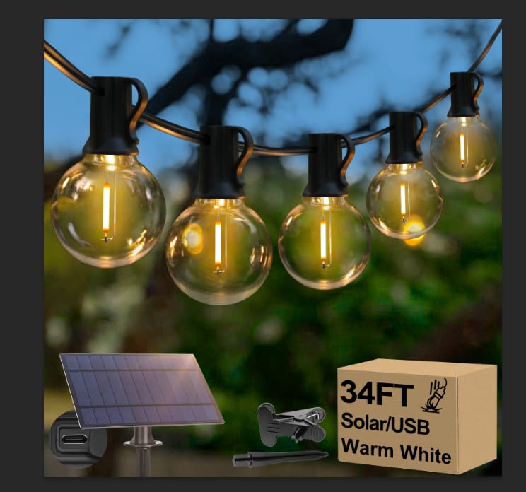 Lakumu Solar String Lights, 34FT with 15 E12 LED Bulbs, Shatterproof, 2700K Warm White, Model KN-B01