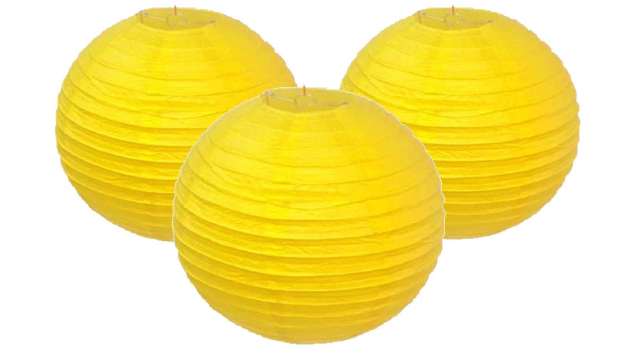Pack Of 3 Round Paper Lanterns Lamp Wedding Birthday Party Decoration (Yellow, 4/10Cm)