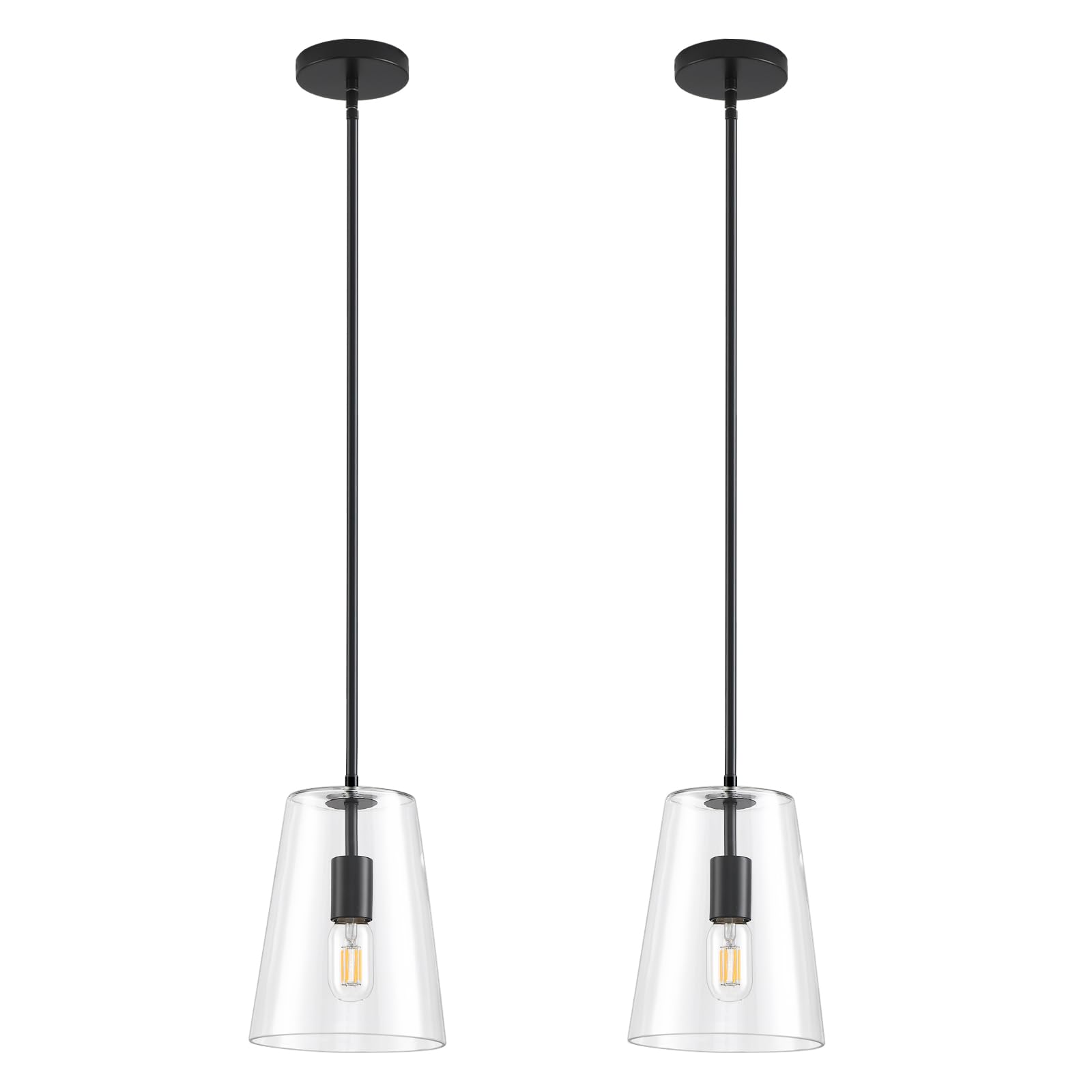 KLSS Black Pendant Lights - Clear Glass Fixture, 12in & 4in Rods, 2 Pack, Metal, Model LDDD002