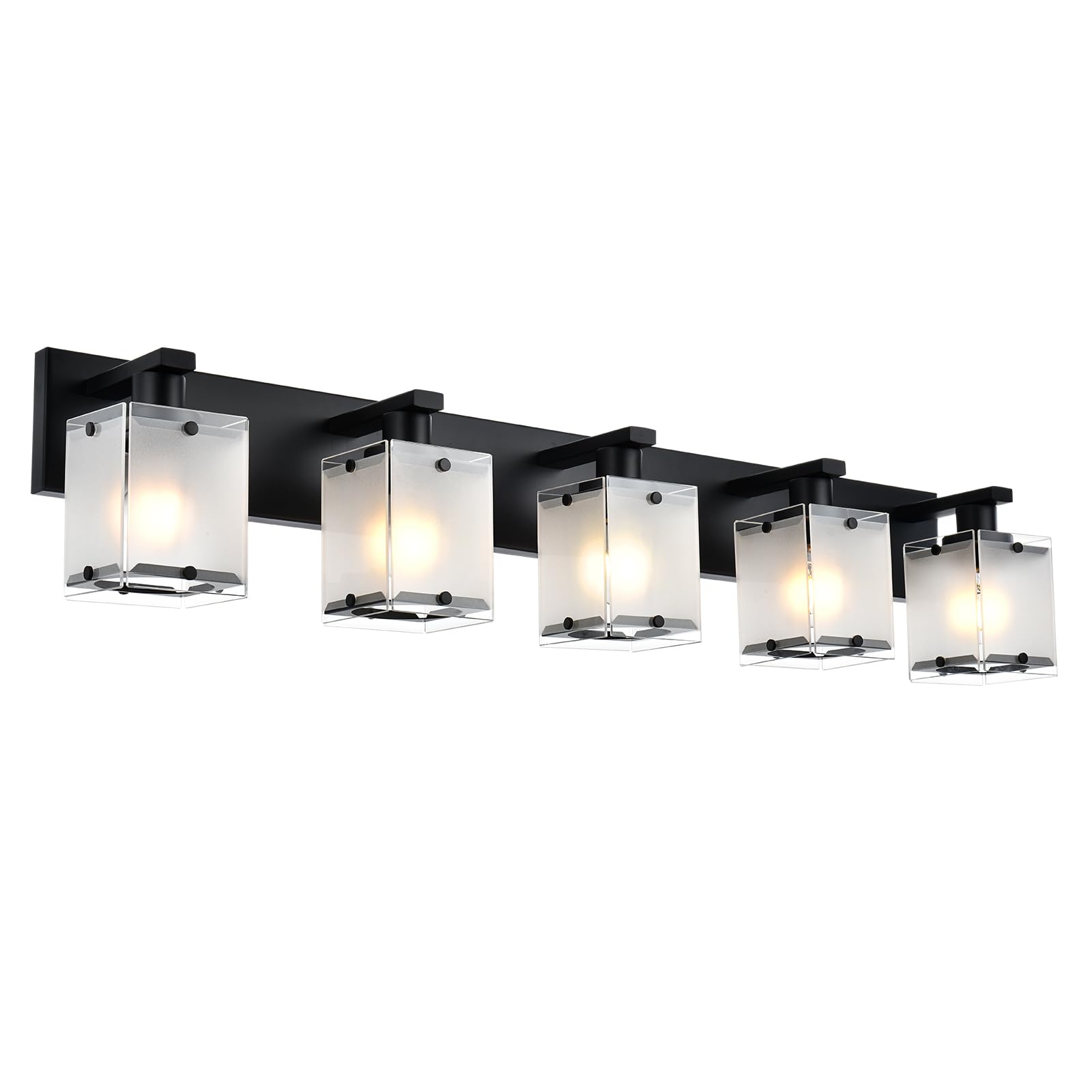 WINSHEN Bathroom Light Fixtures, 5-Lights Modern Vanity Lights, Matte Black, Rectangular Frosted Glass, Model 5WBL-XOTFZO