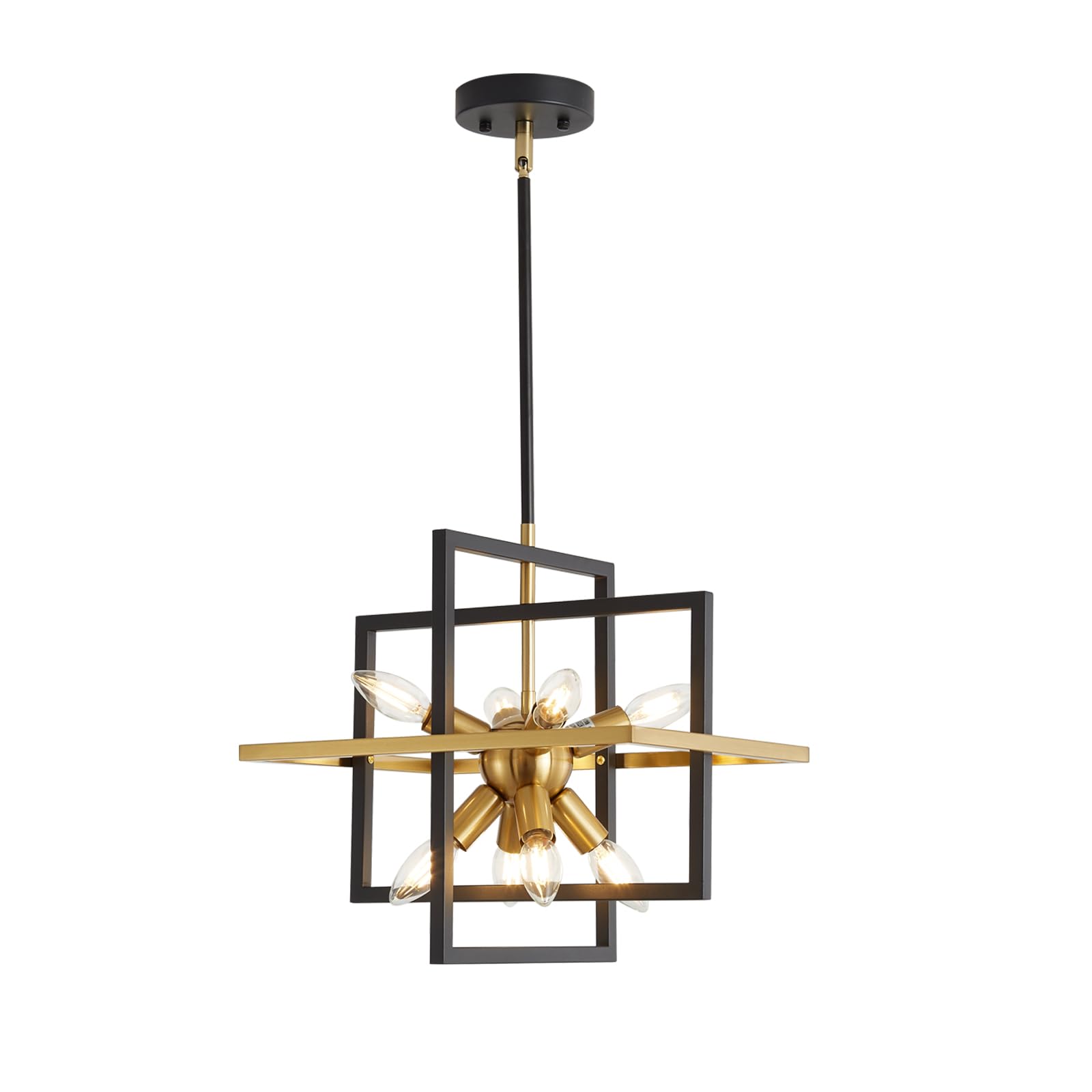 HONGREN Modern Black and Gold Chandelier  8 Light Lantern Pendant Light Geometric Sputnik Square Hanging Light Fixtures for Kitchen Islands  Dining Room  Farmhouse  Entryway  Foyers
