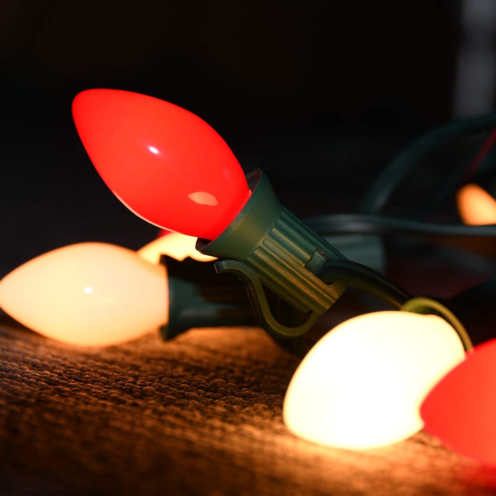 C7 Christmas Lights Outdoor, 25Ft C7 Red And White Vintage Lights With 27 Ceramic Incandescent Bulbs For Holiday Party, Roofline