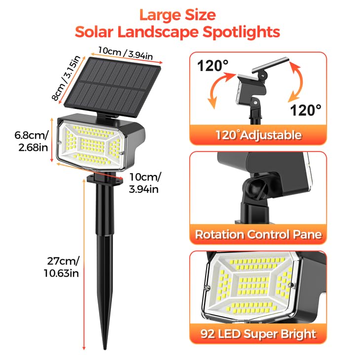 Solar Spot Lights Outdoor  92 Leds Landscape Lighting With 3 Lighting Modes And Auto On/Off  Ip67 Waterproof Spotlights  Outdoor Solar Lights For Yard Garden  8 Pack (Cool White)