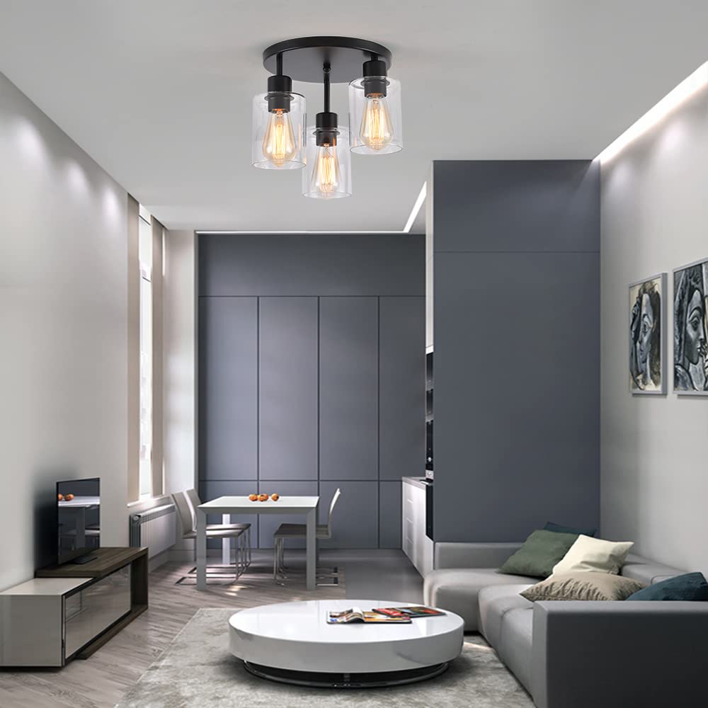 Ihengyanlt 3-Light Industrial Farmhouse Black Matte Light Fixtures Ceiling Mount, With Clear Glass Shades Semi Flush Mount Ceili