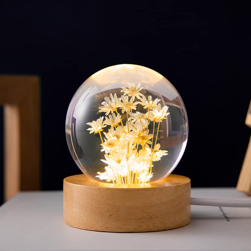 Marzius Flower Crystal Ball Night Light,2.4 Inch Glass Ball Night Lamp With Woodern Base,Decorations Gifts For Men,Women,Kids,Bo