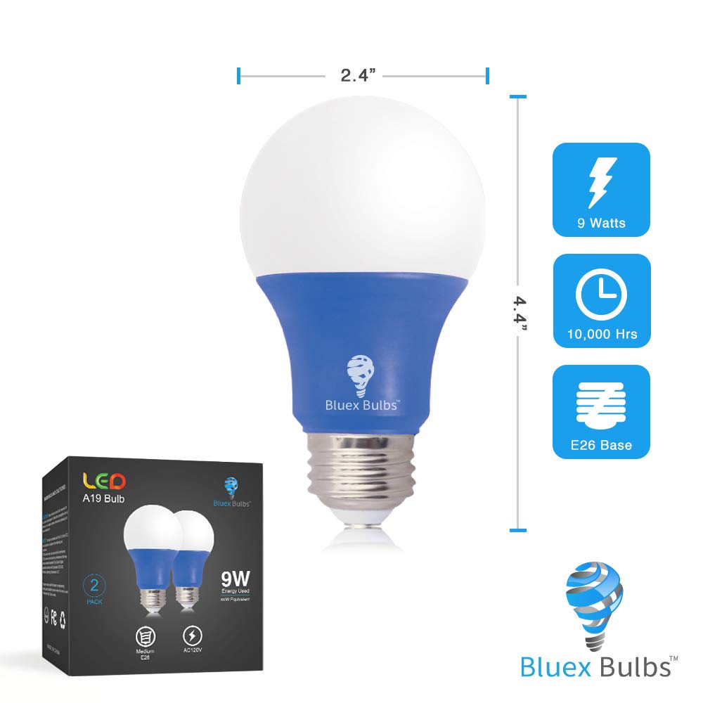 Bluex Bulbs LED A19 Light Bulb 9W (60W Equivalent) E26 Base, 2 Pack, Blue Color for Home and Holiday Lighting