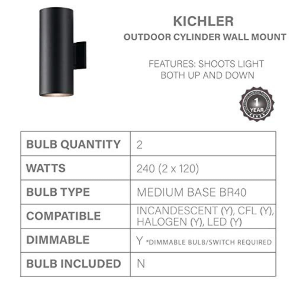 Kichler 2-Light Outdoor Cylinder Wall Sconce, 15in H x 5.75in W, Aluminum, Black, Model 9246BK