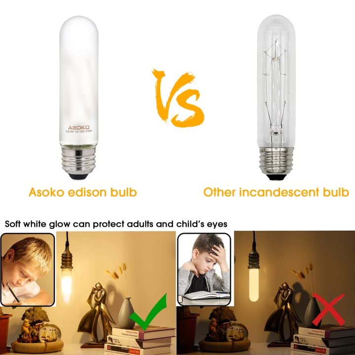 Asoko T10 Led Frosted Bulbs Warm White 2700K Led Tubular Edison Light Bulbs 6W Dimmable Tube Vintage Led Bulbs 60 Watt Equivalen