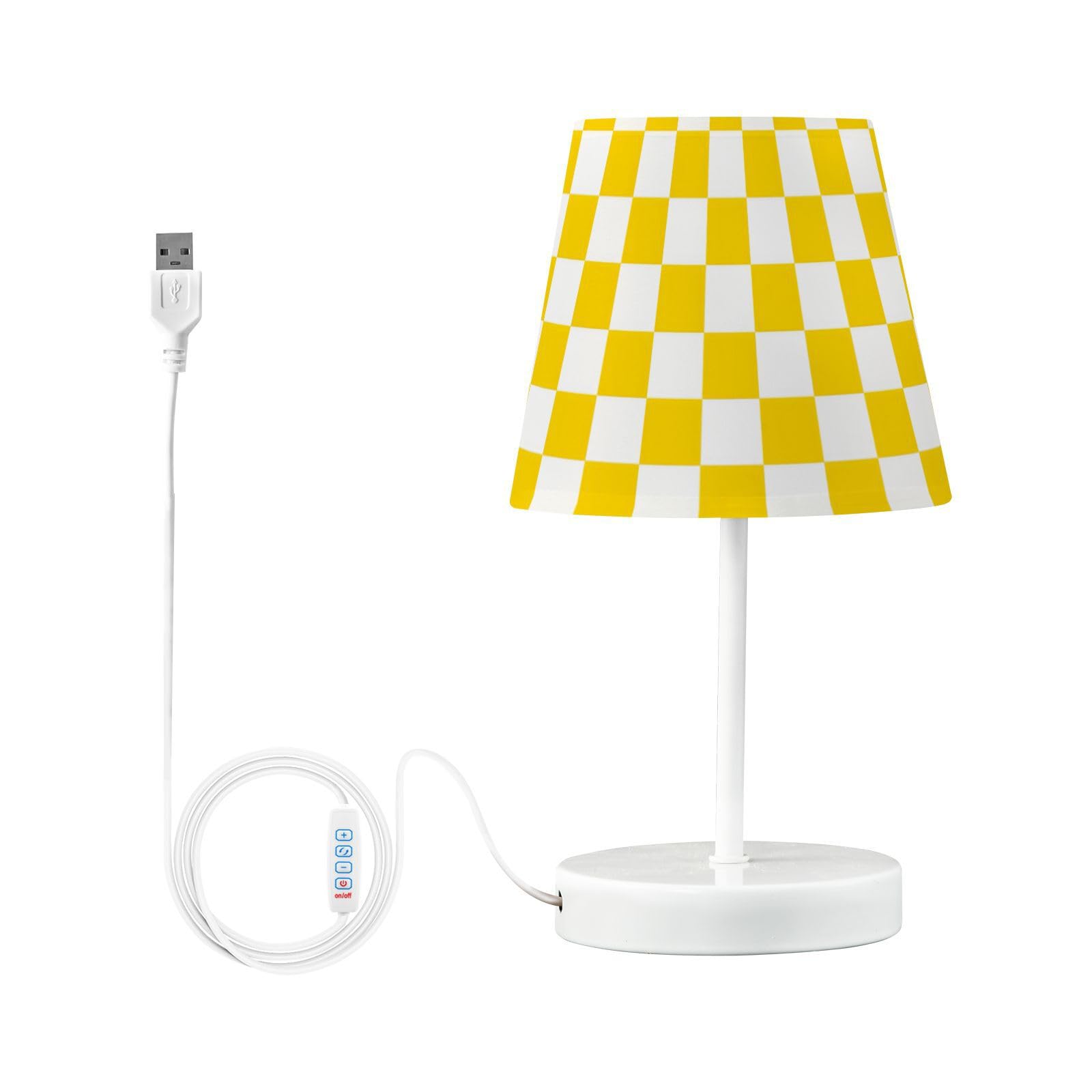 BOENLE Bedside Lamp Yellow White Checkered Pattern Table Lamp Bedroom LED Nightstand Desk Lamp Lampshade for Sleeping Living Roo