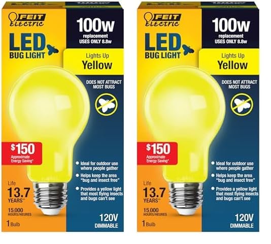 Feit Electric A19100/BUG/LED 100W EQ Non DM LED Light Bulb, Yellow, Pack of 2