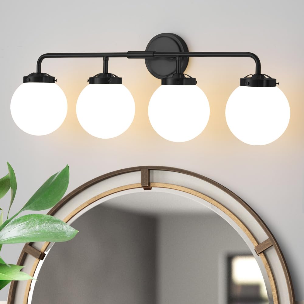 Deyidn Bathroom Light Fixtures Over Mirror, 4-Light Matte Black Vanity Lighting With Milk White Glass Globe Shades Modern Wall S