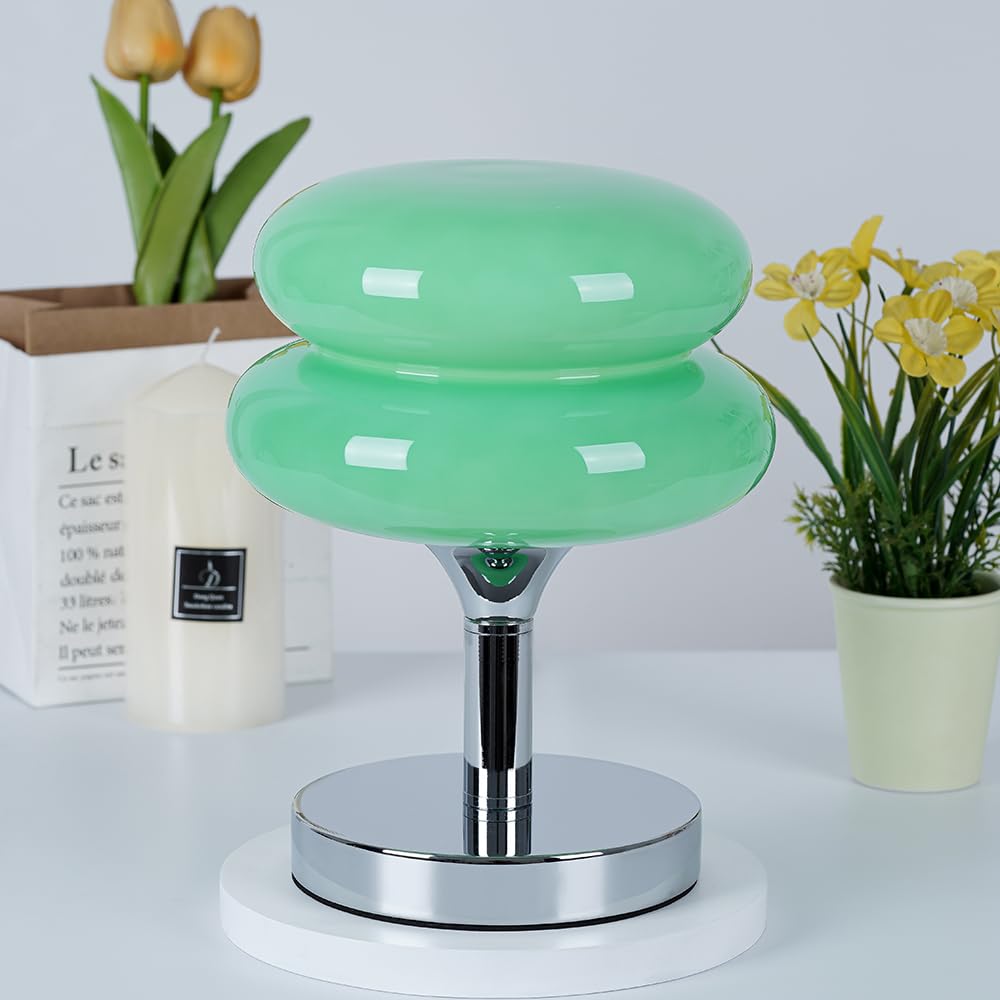 Jiesheng Green Glass Bedside Lamp - 10.63&quot; Retro Egg Tart Design With 3 Color Modes