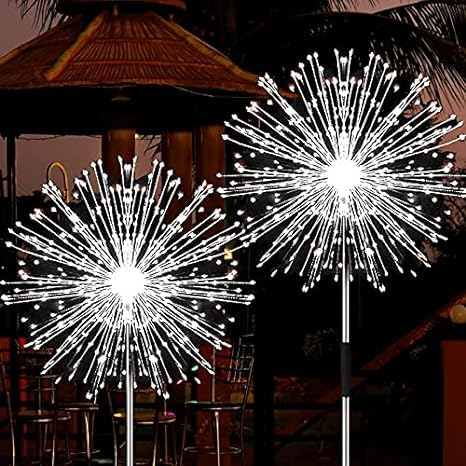 JJGoo Solar Firework Lights  4 Pack 120 LEDs 2 Lighting Modes Solar Garden Lights Outdoor Waterproof for Yard Patio Walkway Pathway Party Wedding Christmas Decorative - White