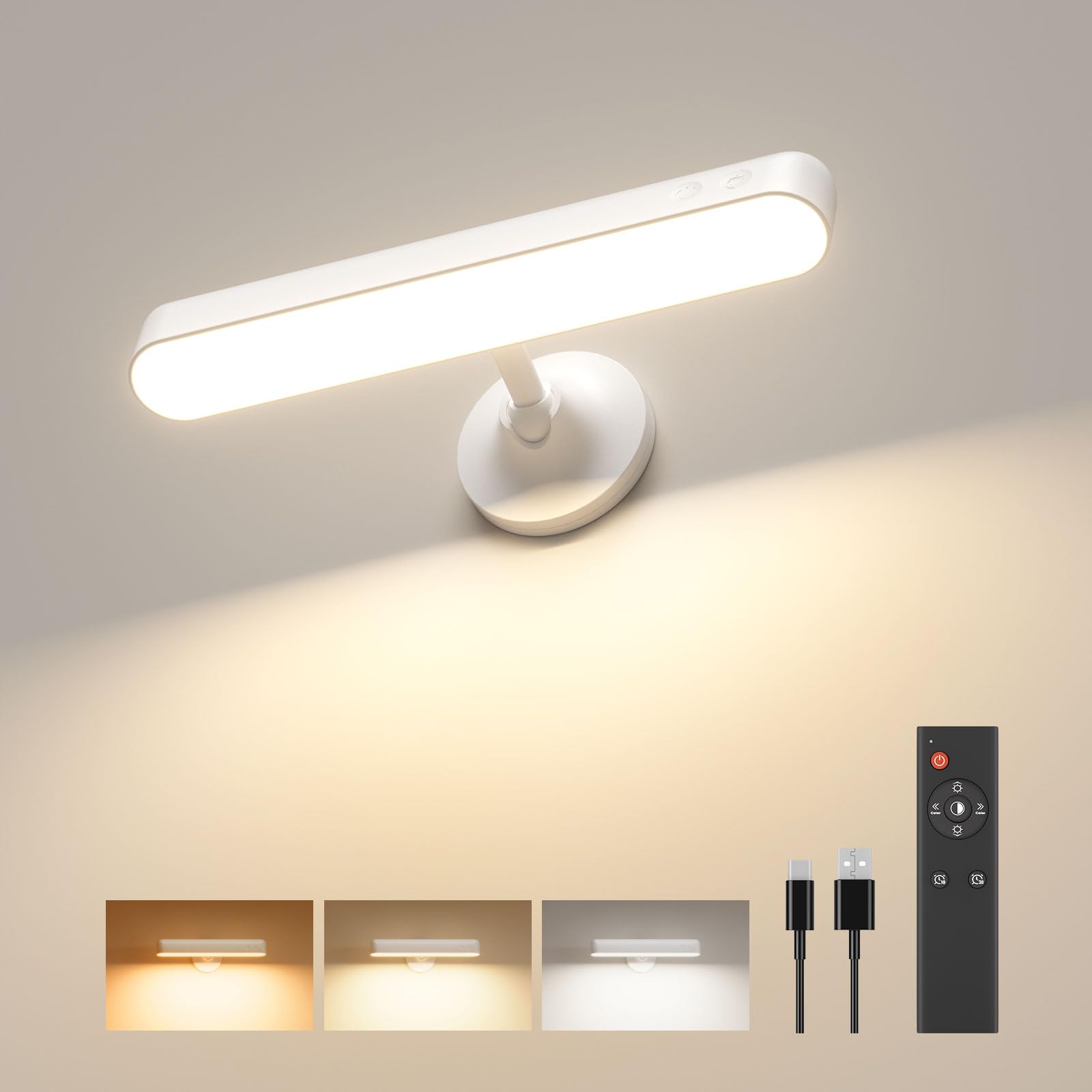 PopoIron Wall Sconce LED Light with 7500mAh Battery, Remote Control, 3 Colors, 360° Rotate, White, Model WL05, 1 Pack