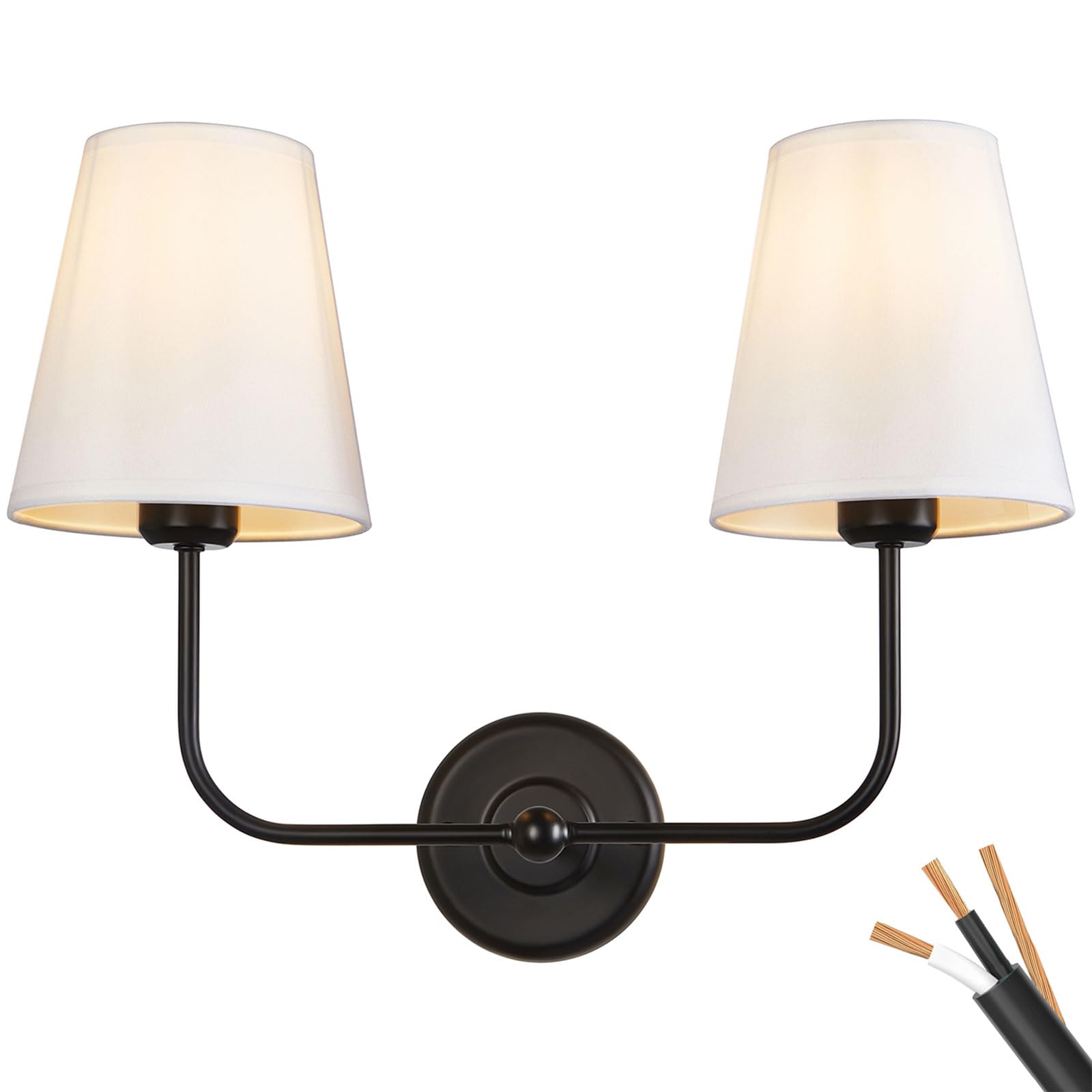 Passica Decor Hardwired 2 Light Modern Armed Wall Sconce With 2Pcs Flared White Fabric Shade Double Sconce For Bathroom Vanity L