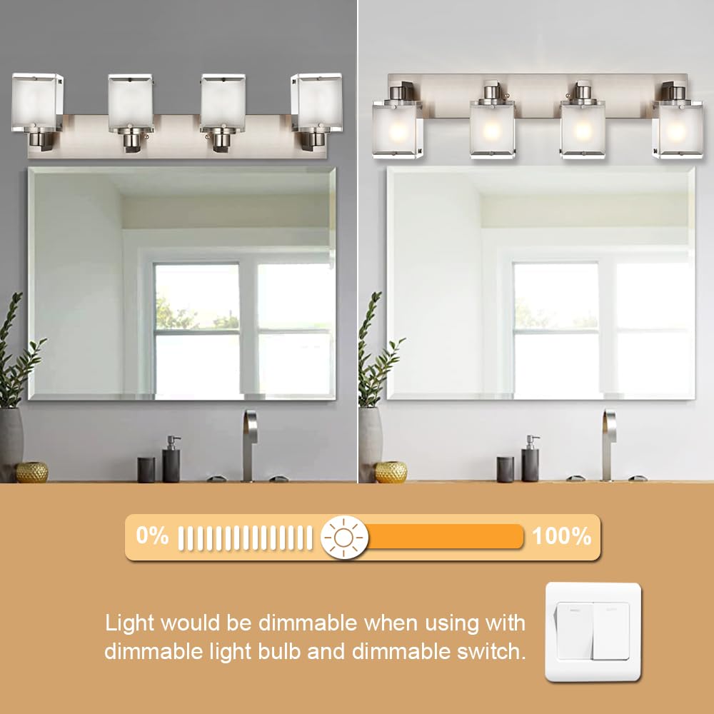 WINSHEN 4-Lights Bathroom Light Fixture, Brushed Nickel Vanity Lighting with Frosted Glass, Model 4WSN-XOTFZO
