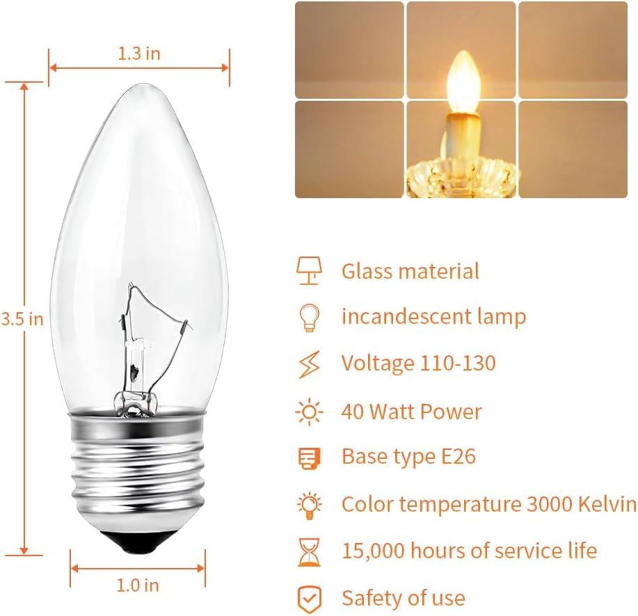 Scomx 40W Incandescent Equivalent Torpedo Tip Chandelier Bulbs, E26 Base, 6 Pack, Clear Glass