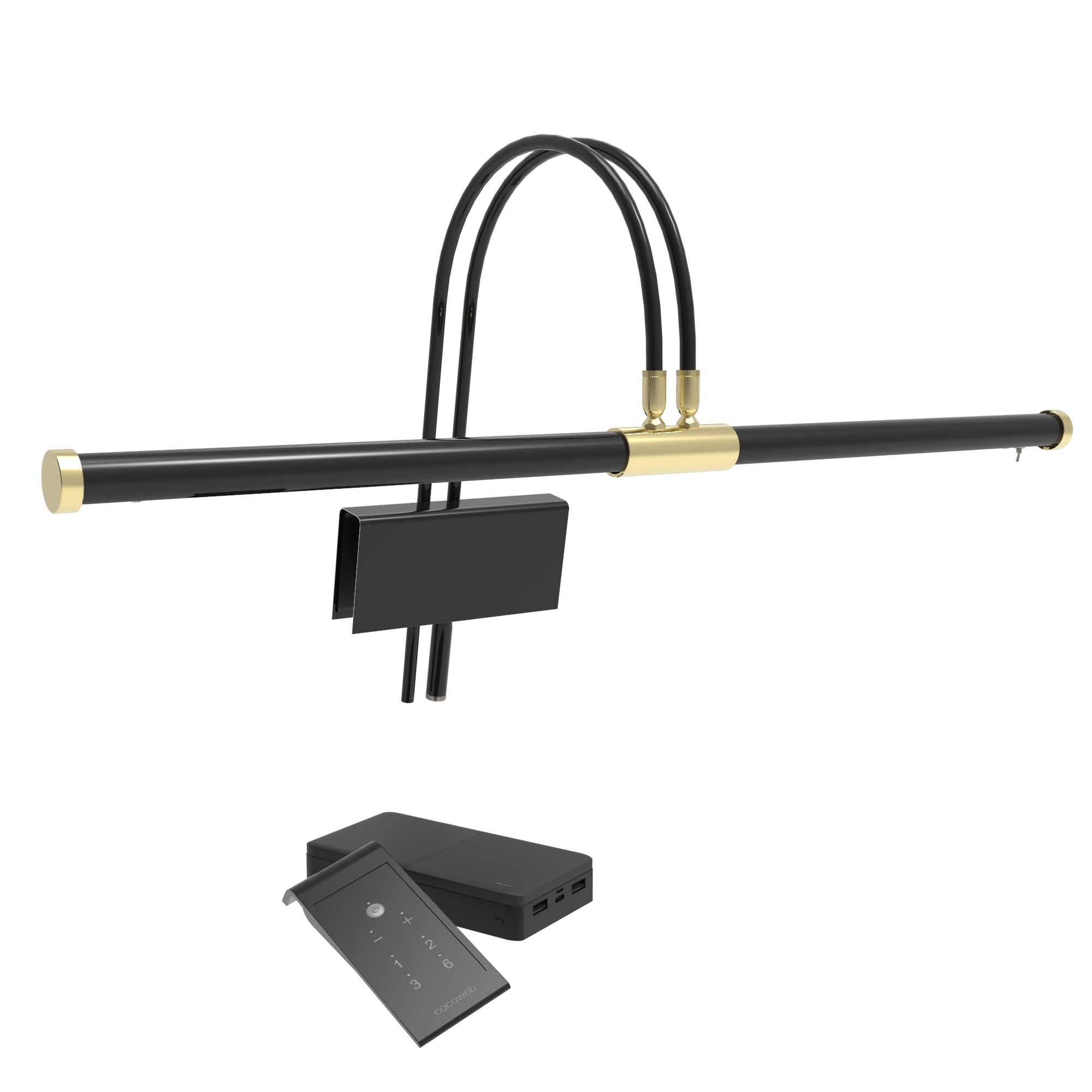 Cocoweb 22'' Grand Piano Lamp, LED, Adjustable, Quality Lighting in Black with Brass Accents, with Rechargeable Battery Pack - G