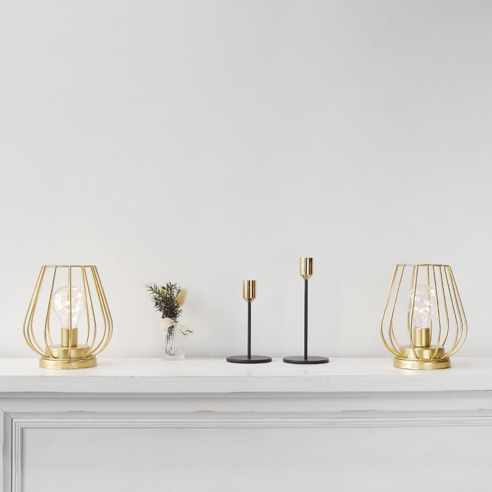 Trirocks 2 Set Ofmetal Battery Operated Lamp 7'' Tall Mini Cage Shape Cordless Table Lamp Battery Lanterns With Warm Fairy Light