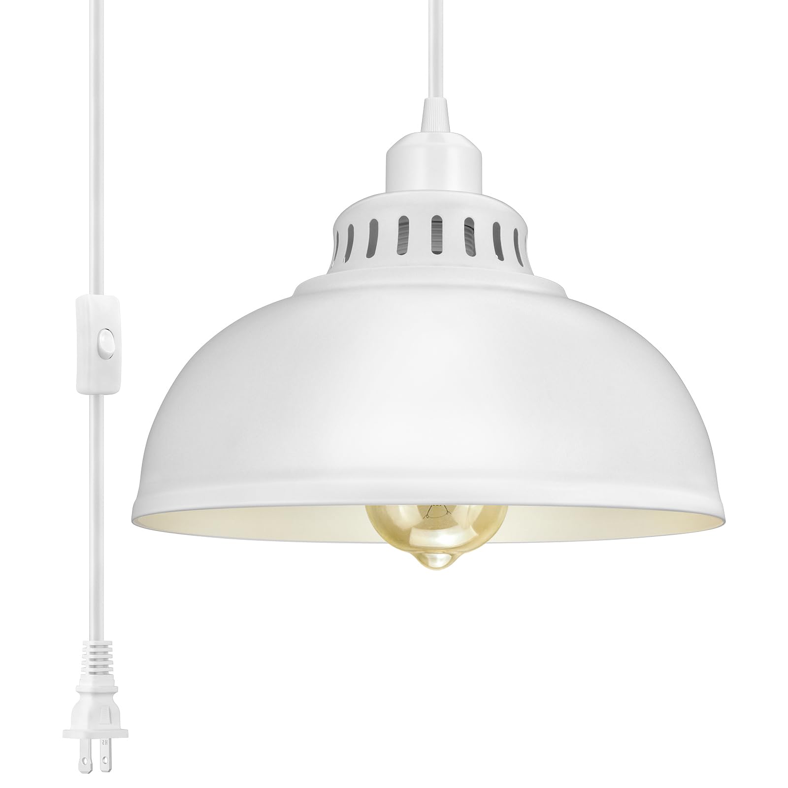 SoodMi Plug in Pendant Light, Industrial Metal Hanging Lamp, 15FT Cord with Switch, Big White, Model PLDG-0015