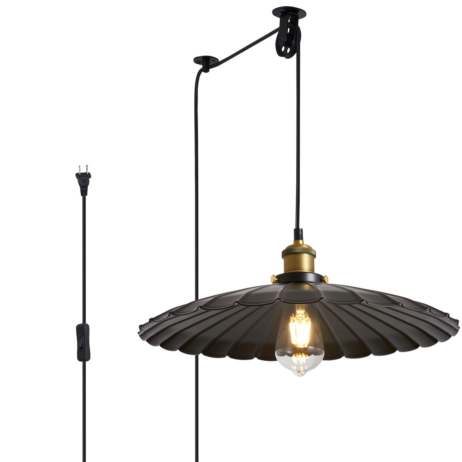 Oyisen Plug in Pendant Light,15.7 Inch Retro Black Metal Shade Hanging Lights with Plug in Cord On/Off Switch Dining Room Hallwa