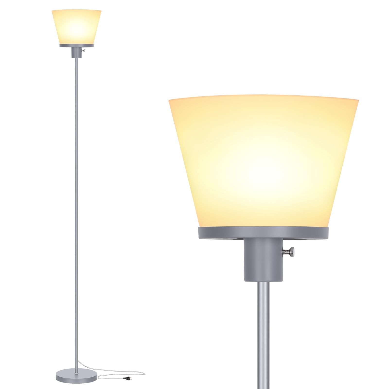 Kukobo Standing Lamp for Bedroom, LED Modern Floor Lamp for Living Room Office, Sliver Tall Bright Floor Lamp with White Plastic