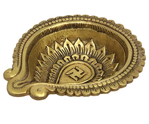Shalinindia Brass Metal SwastikaDiyafor Puja and Aarti Ghee Oil Wick Lamp 1.5 x 6.5 x 5.5 inches 765 Grams