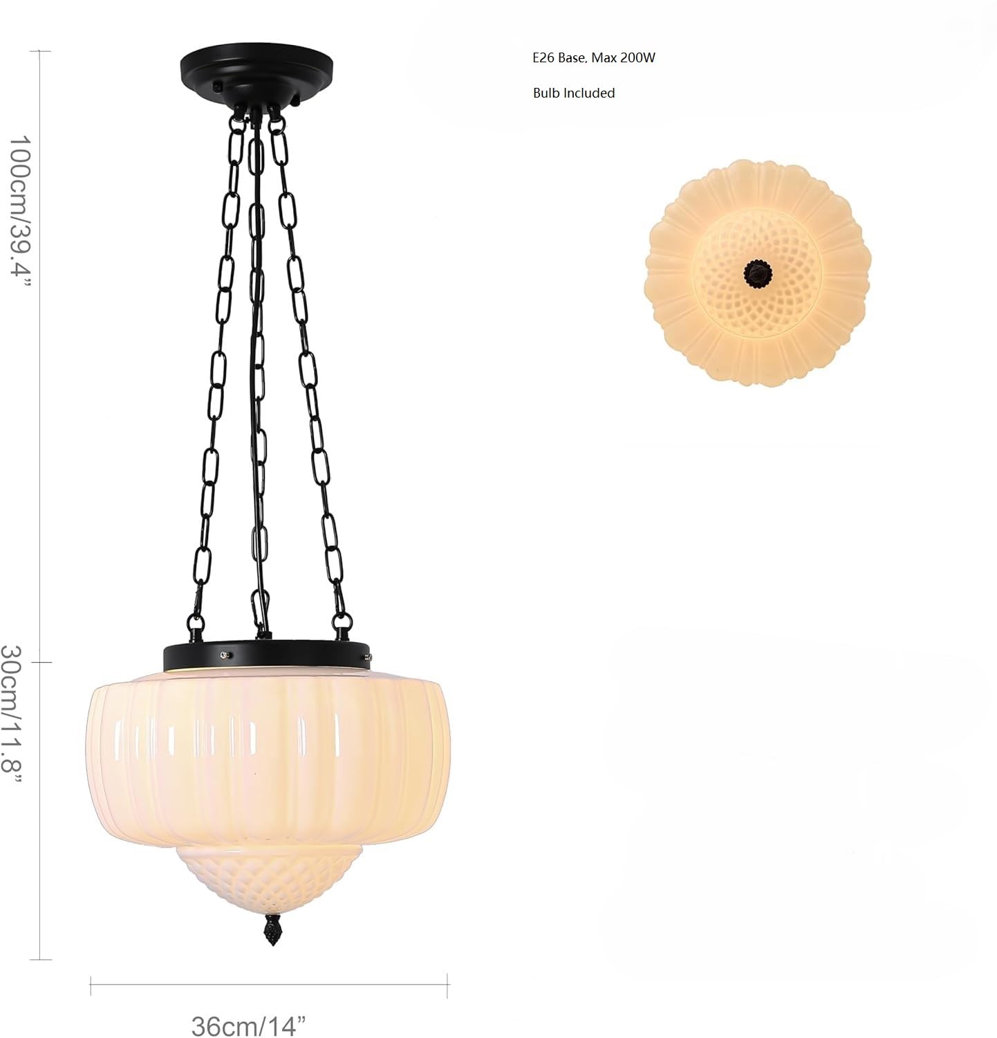 Fctwaks Large Milk Glass Pendant Light, 14'' Mid Century Modern Schoolhouse Ceiling Light Fixture, Vintage Chandelier For Bedroo