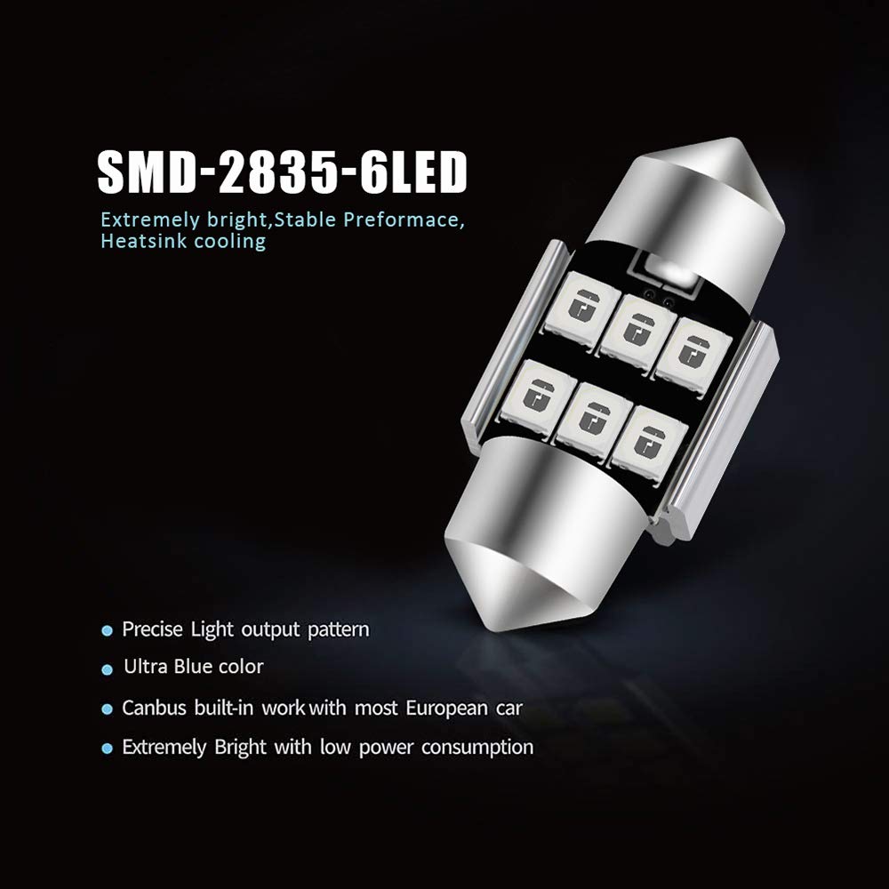 Auxlight 6614 6641 6612F 6615 F30-Whp Ts-14V1Cp 29Mm 1.14”Festoon Led Interior Light Bulbs Ultra Blue, Super Bright 6Smd Chips For Car Suv Truck Sunvisor Vanity Mirror Lights (Pack Of 6)