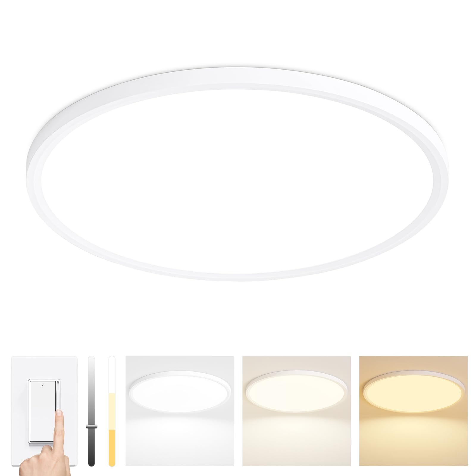 20 Inch Dimmable LED Ceiling Light Fixture, Ultra Thin Flush Mount, 40W 4000Lumen, 3 Color Changeable, Round, White, for Dining 