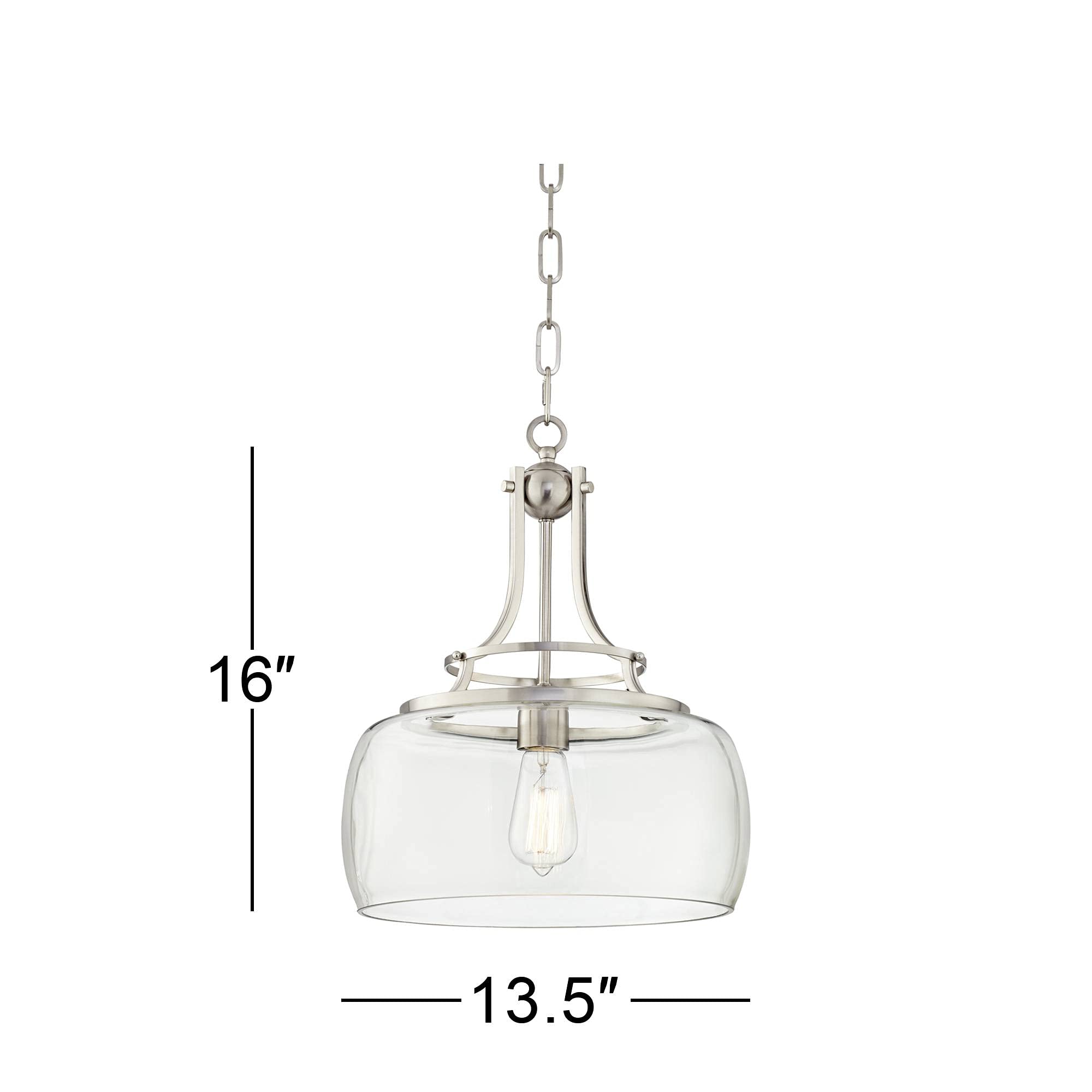 Franklin Iron Works Pendant Light - Brushed Nickel, Clear Glass, 13.5in Wide, 16in High, Model 7P203, Single Light for Farmhouse Decor
