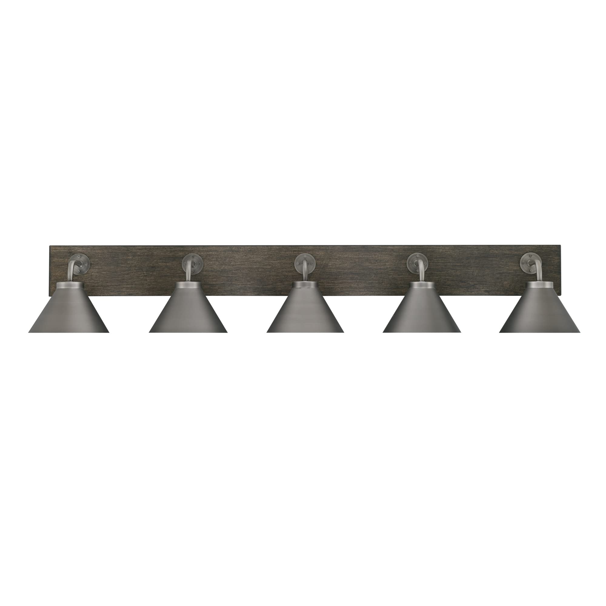 Oxbridge 5 Light Bath Bar In Graphite & Painted Distressed Wood-Look Metal Finish With 7" Graphite Cone Metal Shades