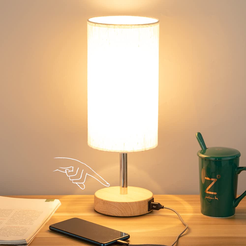 Yarra-Decor Bedside Table Lamp - Touch Control, 3 Way Dimmable, USB Port, Fabric Shade, Model Q9, Ideal for Bedroom and Home Office