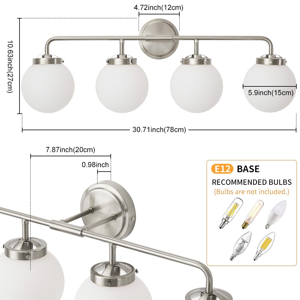 Deyidn Bathroom Light Fixtures Over Mirror, Brushed Nickel Modern Vanity Lighting With Milk White Glass Globe Shades 4-Light Far