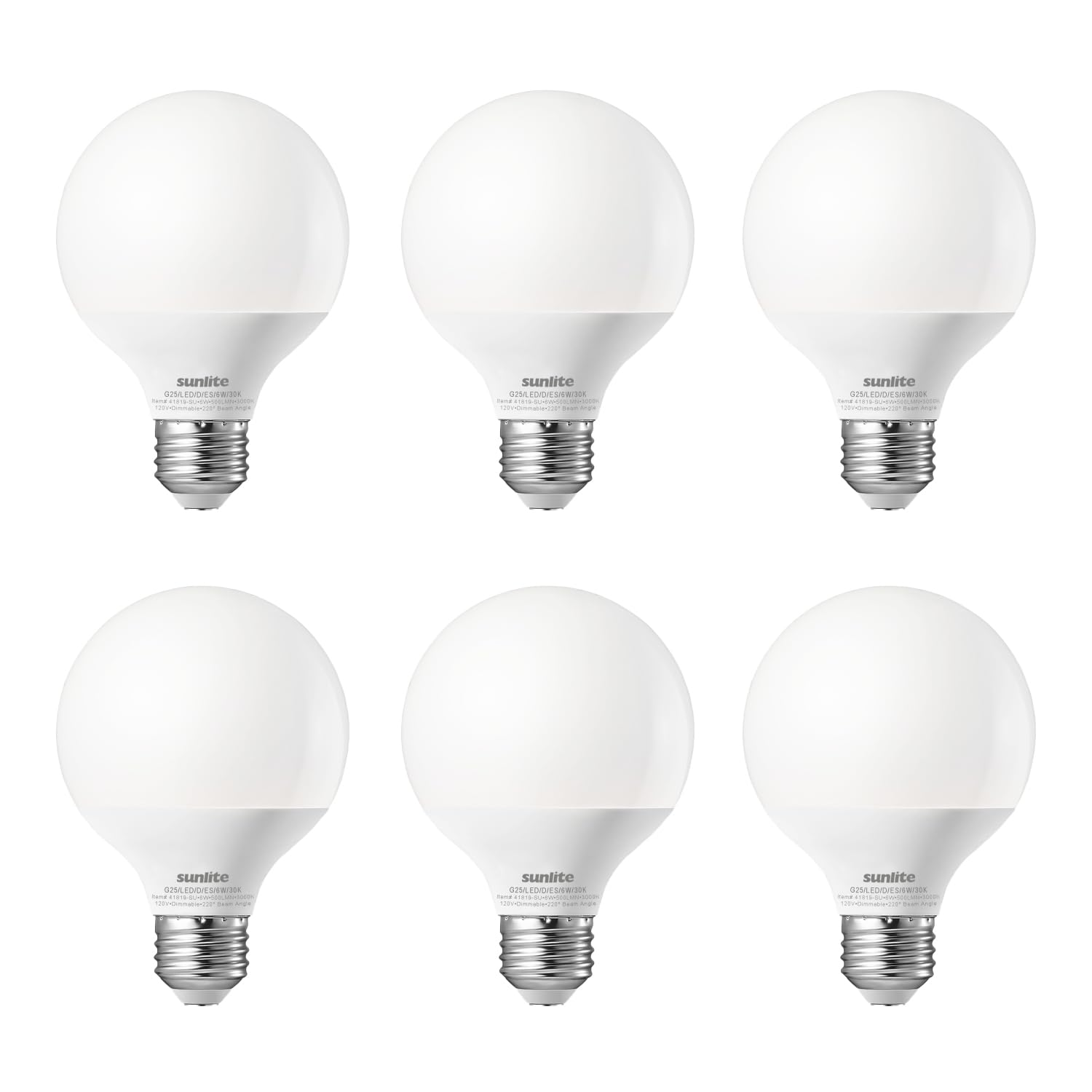 Sunlite G25 Globe Light Bulbs, 6W (60W Equi.), Medium E26 Base, 500 Lmns, Dimmable Round Type G Vanity LED Bulb, Frosted, 90 CRI
