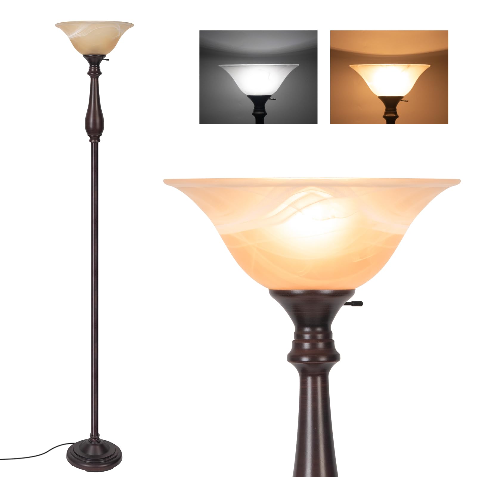 HonoDing Torchiere Floor Lamp for Living Room, Standing Lamp with Glass Shade, Iron Brushed Nickel Floor Lamps, Corner Lamps for