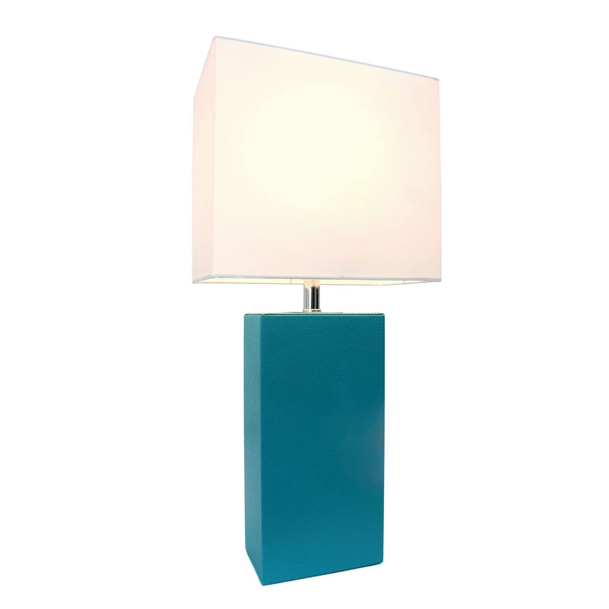 Lalia Home Teal Leather Base Modern Bedside Table Lamp With White Fabric Shade, 21&quot;
