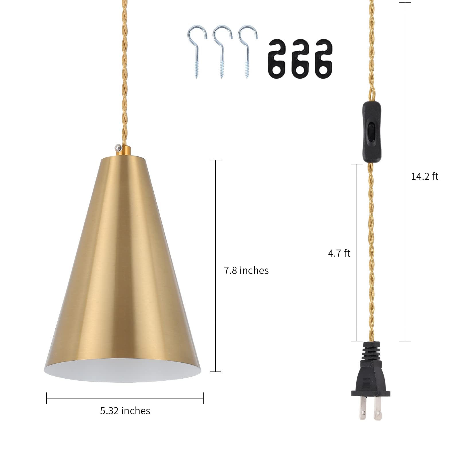 Dijiahua Gold Plug In Pendant Light - Modern Mini Brass Fixture with On/Off Switch for Kitchen Island and Bedroom, Model P-JDH049