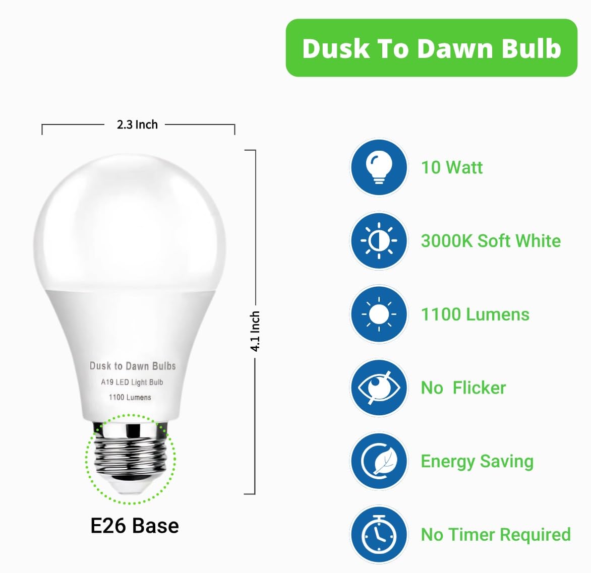 SETEN Dusk to Dawn LED Light Bulbs, 4 Pack, 75W Equivalent, 3000K Soft White, Auto On/Off, 1100 Lumens, Aluminum